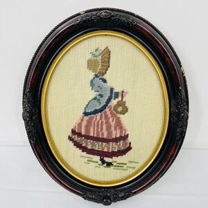 Vintage Antique Oval Wood Framed Handmade Needlepoint Victorian Bonnet Ornate